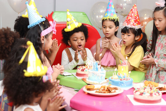 Happy birthday party event, group of adorable kids celebrate birthday party together, happy children have fun together