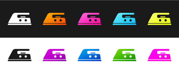 Set Electric iron icon isolated on black and white background. Steam iron. Vector Illustration.