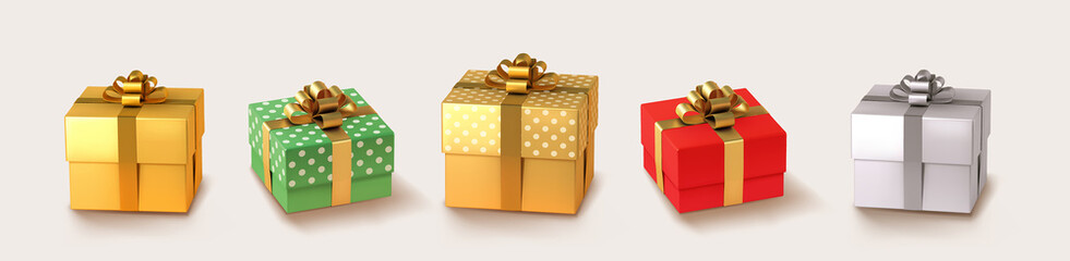 Set of gifts box. Collection realistic vector gift presents. Christmas golden and silver gifts. - obrazy, fototapety, plakaty