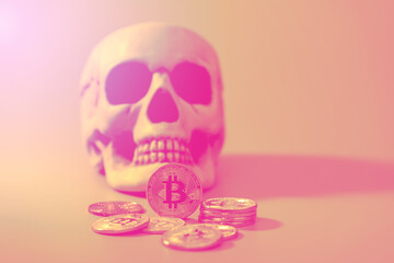 Bitcoin and skull mock up for business financial concept