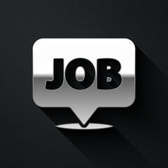 Silver Speech bubble with job icon isolated on black background. Recruitment or selection concept. Search for employees and job. Long shadow style. Vector.