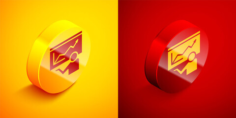 Isometric Training, presentation icon isolated on orange and red background. Circle button. Vector.