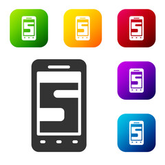 Black New chat messages notification on phone icon isolated on white background. Smartphone chatting sms messages speech bubbles. Set icons in color square buttons. Vector.