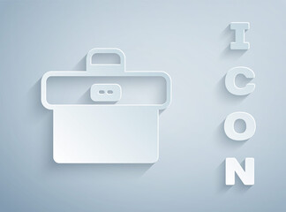 Paper cut Briefcase icon isolated on grey background. Business case sign. Business portfolio. Paper art style. Vector.