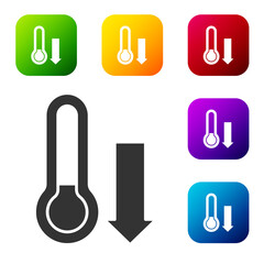 Black Meteorology thermometer measuring icon isolated on white background. Thermometer equipment showing hot or cold weather. Set icons in color square buttons. Vector.
