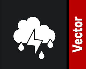 White Cloud with rain and lightning icon isolated on black background. Rain cloud precipitation with rain drops.Weather icon of storm. Vector.
