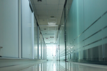 perspective view of modern hospital or clinic corridor interior.
