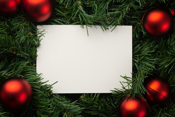 Fototapeta na wymiar Merry christmas paper note mockup template with pine leaves decorations.