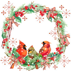 Naklejka premium Christmas wreath watercolor illustrations. Happy New Year background. Winter woodland. 