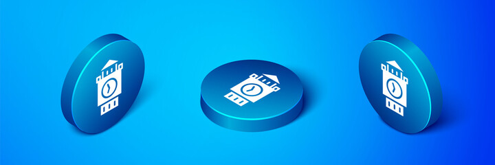 Isometric Big Ben tower icon isolated on blue background. Symbol of London and United Kingdom. Blue circle button. Vector.