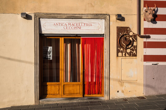 Panzano, Chianti, Italy - August 29 2020: Antica Macelleria Cecchini, the Butcher Shop run by Dario Cecchini Famous for Bistecca Fiorentina and Panzanese