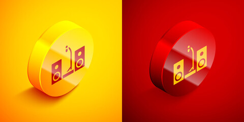 Isometric Home stereo with two speaker s icon isolated on orange and red background. Music system. Circle button. Vector.