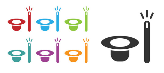 Black Magic hat and wand icon isolated on white background. Magic trick. Mystery entertainment concept. Set icons colorful. Vector.