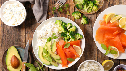 rice, broccoli, avocado and salmon