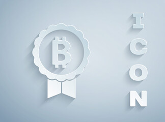 Paper cut Cryptocurrency coin Bitcoin icon isolated on grey background. Physical bit coin. Blockchain based secure crypto currency. Paper art style. Vector.