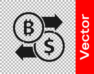 Black Cryptocurrency exchange icon isolated on transparent background. Bitcoin to dollar exchange icon. Cryptocurrency technology, mobile banking. Vector.