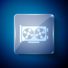 White Video graphic card icon isolated on blue background. Square glass panels. Vector.