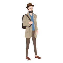 Obraz premium Young man student in modern autumn trendy clothes in a hat. Fashion casual outerwear street style character. Flat cartoon style vector isolated