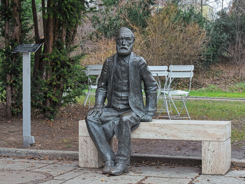 Jena, Germany. Sculpture of the German physicist, optical scientist and inventor Ernst Abbe next to the Jena Planetarium.