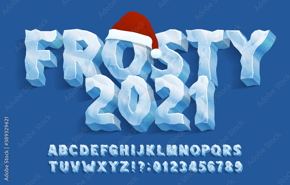 Fototapete frosty 2021 alphabet font. 3d ice letters and numbers with xmas hat. stock vector typescript for you
