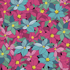 Blue pink poinsettia flowers seamless pattern