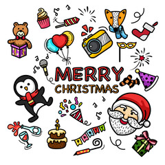 Hand drawn set happy new year and merry christmas. illustration vector
