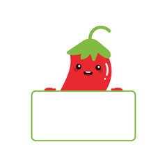 Cute cartoon style red chili pepper character smiling and holding in hands blank, empty card for quote or information.