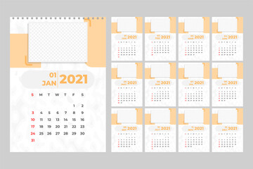 Calendar 2021, Set Desk Calendar template design with Place for Photo. Week Starts on Sunday. Set of 12 Months.