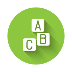 White ABC blocks icon isolated with long shadow. Alphabet cubes with letters A,B,C. Green circle button. Vector.