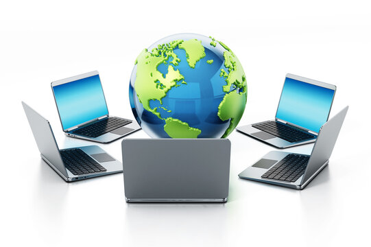 Laptop computers standing around the globe. 3D illustration