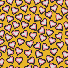 Abstract pattern with black, pink and grey hearts on a yellow isolated background. Vector illustration.
