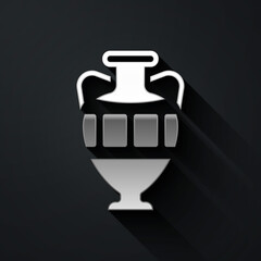 Silver Ancient amphorae icon isolated on black background. Long shadow style. Vector.