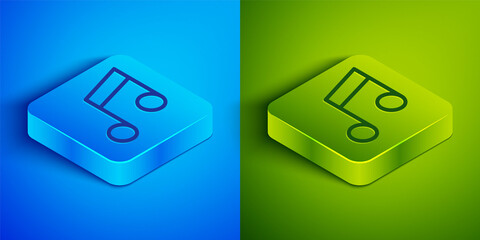 Isometric line Music note, tone icon isolated on blue and green background. Square button. Vector Illustration.