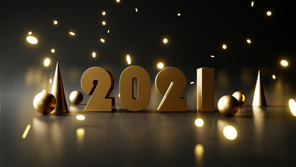 New year 2021 gold metallic number and decoration on reflection background. Creative design. 3d rendering