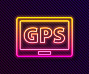 Glowing neon line Gps device with map icon isolated on black background. Vector Illustration.