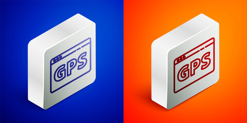 Isometric line Gps device with map icon isolated on blue and orange background. Silver square button. Vector Illustration.