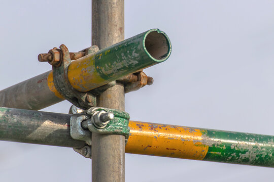 Scaffolding pipe clamp and parts, An important part of building strength to scaffold clamps in used close up on construction site,platforms for stage structure support