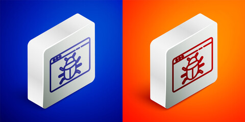 Isometric line System bug concept icon isolated on blue and orange background. Code bug concept. Bug in the system. Bug searching. Silver square button. Vector.