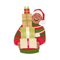 Happy African American man dressed in an ugly sweater and holding Christmas presents