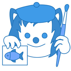 emoji with watercolor artist with his drawing of a fish painted with brush on a list of paper, simple hand drawn emoticon, wolf character, simplistic facial expression
