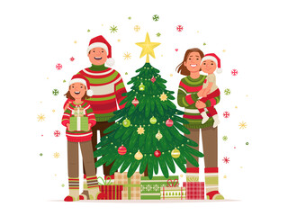 Fototapeta premium Merry Christmas and Happy New Year. Happy family is standing next to the Christmas tree