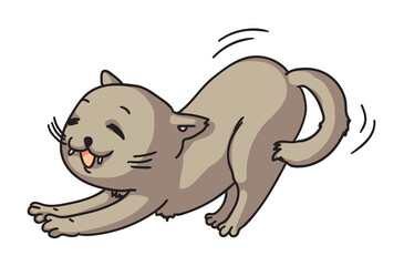 Cat stretching. Graceful lazy yawning grey cat stretching paw and back isolated on white background. Cute domestic animal vector illustration