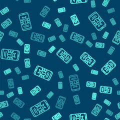 Green line System bug on mobile icon isolated seamless pattern on blue background. Code bug concept. Bug in the system. Bug searching. Vector.