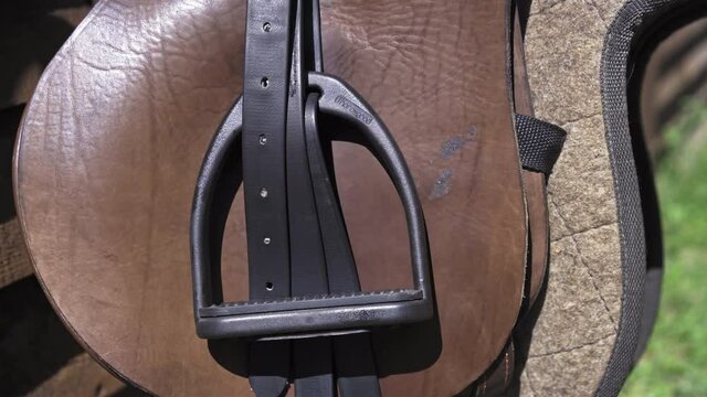 Brown saddle close-up. Black asskin. High quality 4k footage. 