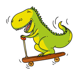 Funny dinosaur. Vector funny dinosaur teenager riding kick scooter isolated on white background. Happy cartoon comic prehistoric creature having fun illustration