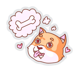 Cute puppy. Cartoon cute puppy thinking about sweet bone sticker isolated on white background. Vector dreams and wish doggy emoticon illustration