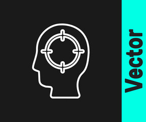 White line Head hunting icon isolated on black background. Business target or Employment sign. Human resource and recruitment for business. Vector.