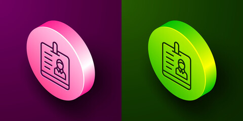 Isometric line Identification badge icon isolated on purple and green background. It can be used for presentation, identity of the company, advertising. Circle button. Vector.