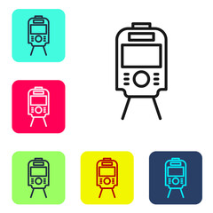 Black line Tram and railway icon isolated on white background. Public transportation symbol. Set icons in color square buttons. Vector.