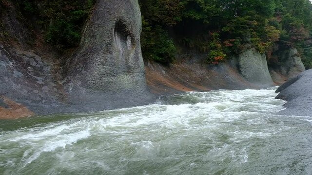 A large water stream that flows noisily in a huge rocky environment, Fukiware Falls (often called "Japan's version of Niagara Falls"), next to Numata, near Nikko National Park, Japan.